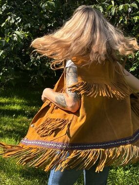 '70s Suede Leather Fringe Western Vest with Southwestern Trim